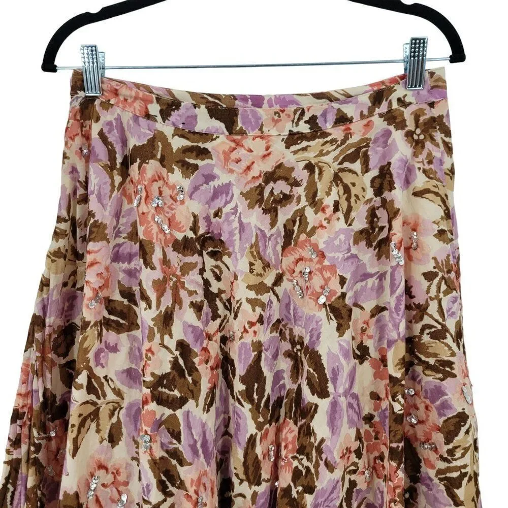 Y2K Floral Midi Skirt 8 Cotton Pink Brown Asymmetrical Sequin Details Boho India